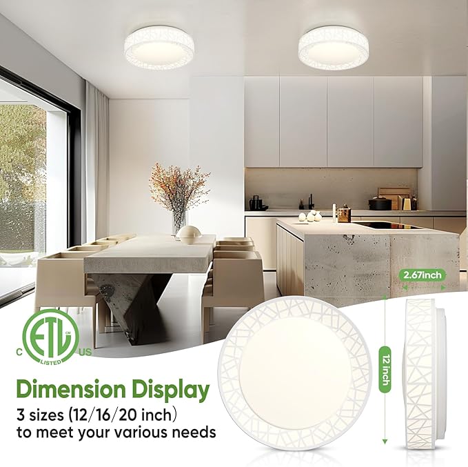 12 Inch Flush Mount Ceiling Light, Modern White LED Ceiling Light Fixture, 20W 1400LM 2700-6500K Adjustable, Dimmable Ceiling Lights for Bedroom, Kitchen, Hallway, Bathroom, ETL