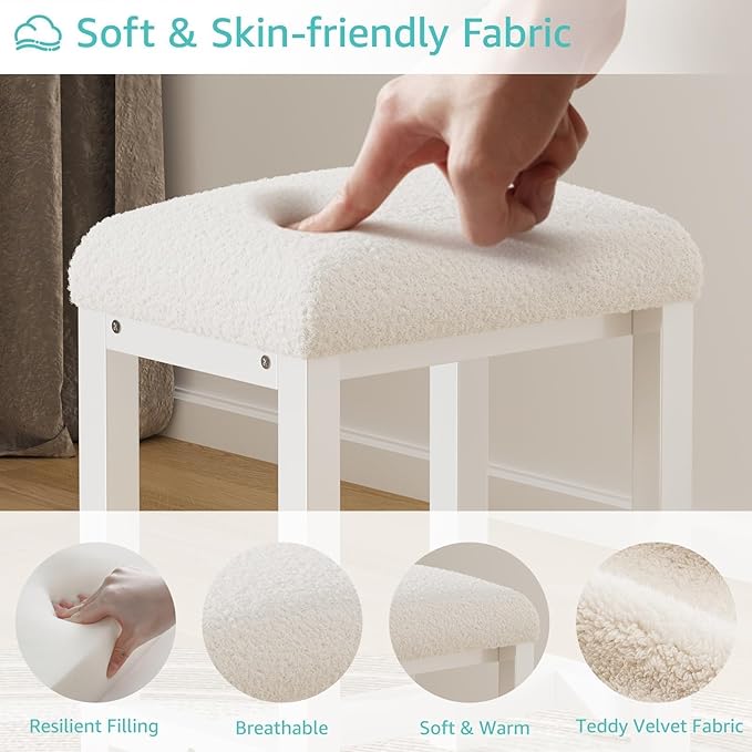 Small Vanity Stool, Cute Vanity Stools with Faux Teddy Fur Cushion, White Makeup Vanity Chair for Small Spaces, Living Room, Bedroom, Bathroom, Entryway, Ottoman Foot Rest for Couch Sillas Modern