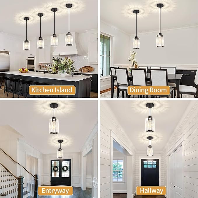 3 Pack Black Pendant Light, Modern Crystal Pendant Lights Kitchen Island Lighting, Hanging Light Fixtures Mini Chandelier Pendant Lights for Island Dining Room Hallway Bedroom