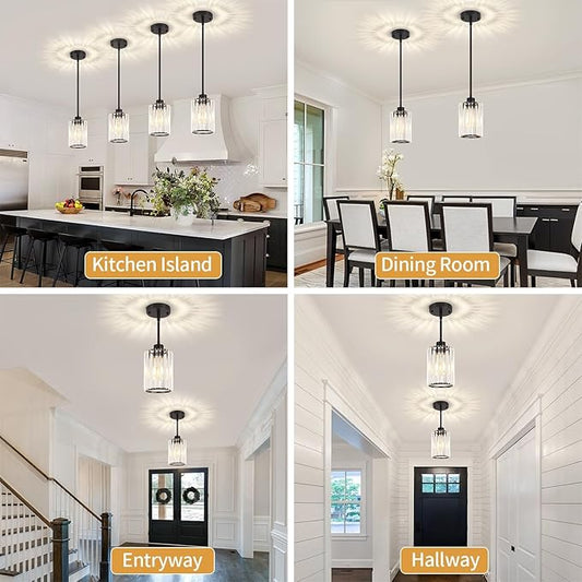 3 Pack Black Pendant Light, Modern Crystal Pendant Lights Kitchen Island Lighting, Hanging Light Fixtures Mini Chandelier Pendant Lights for Island Dining Room Hallway Bedroom