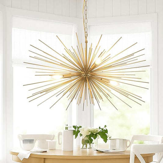 31in Modern Gold Sputnik Chandelier 4-Light Mid-Century Starburst Chandelier Light Fixture Over Table Large Satellite Chandeliers for Dining Room Foyer Entryway Kitchen Bedroom Living Room E12