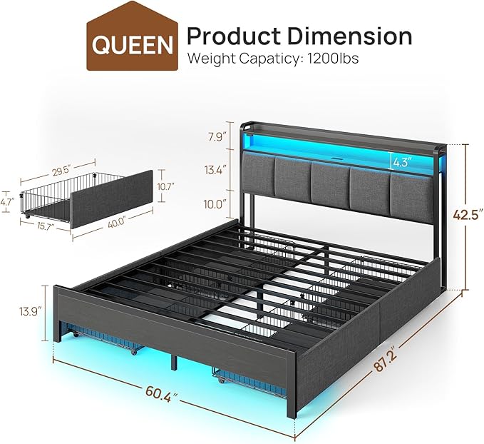 Rolanstar Bed Frame Queen Size with Charging Station and LED Lights, Upholstered Storage Headboard with Drawers, Heavy Duty Metal Slats, No Box Spring Needed, Noise Free, Easy Assembly, Dark Grey