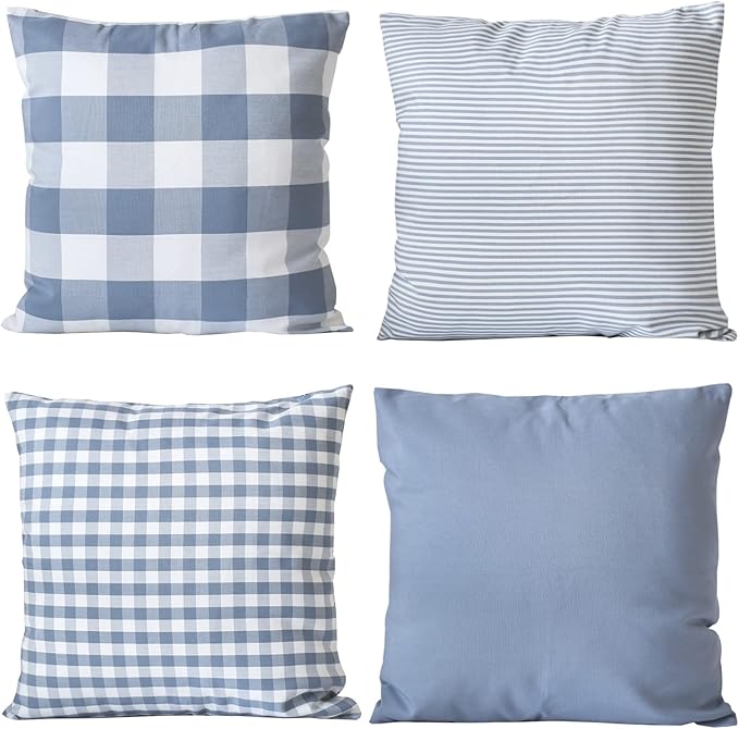 HOPLEE Light Blue Pillow Cover Cushion Cover with Buffalo Plaid, Solid Light Blue, Striped and Gingham Plaid Design 22x22 Inches,4 Pack