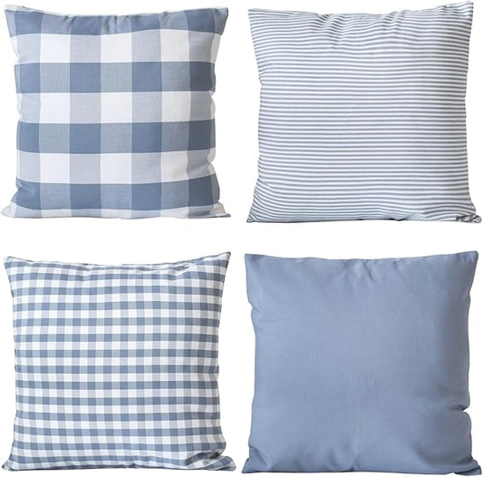 HOPLEE Light Blue Pillow Cover Cushion Cover with Buffalo Plaid, Solid Light Blue, Striped and Gingham Plaid Design 22x22 Inches,4 Pack