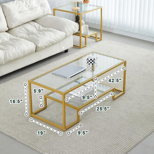 Golden Metal Glass Coffee Table - Two-Tiered with Tempered Glass, Stylish Metal Frame Coffee Table for Bedroom, Dining Room, Office Room.