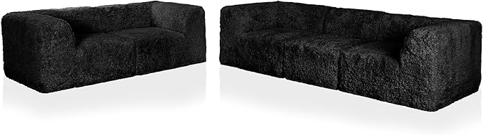 Furniture of America Havyn Modern Faux Fur 5-Seater Modular Sofa and Foam Loveseat Set with Arms & Deep Seat, Compressed Couch in a Box, No Assembly Required, for Living Room and Office, Black