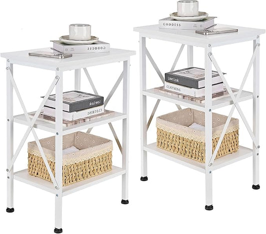 VECELO End Table, 24" Tall Wood Living Room X-Design Reinforced Side Tables, Nightstands with 3-Tier Wood Storage Shelves for Small Spaces, Office, Bathroom, Bedroom, Pearl White, 2 Pack