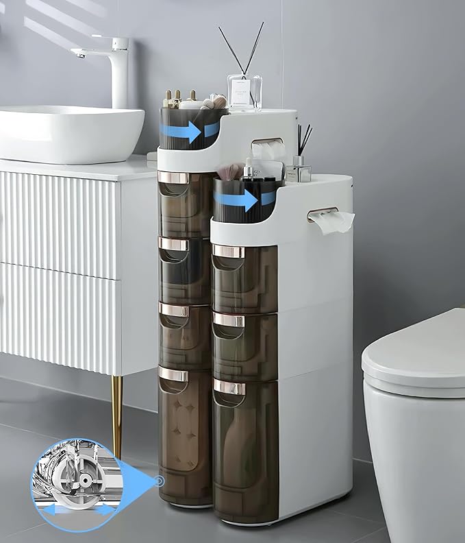 4-Tiers Slim Bathroom Storage Cabinet, Waterproof Narrow Floor Cabinet with Tissue Box and Wheels, Skinny Storage Organizer with Drawers for Small Spaces, Bathroom, Kitchen, Bedroom, 6.7″