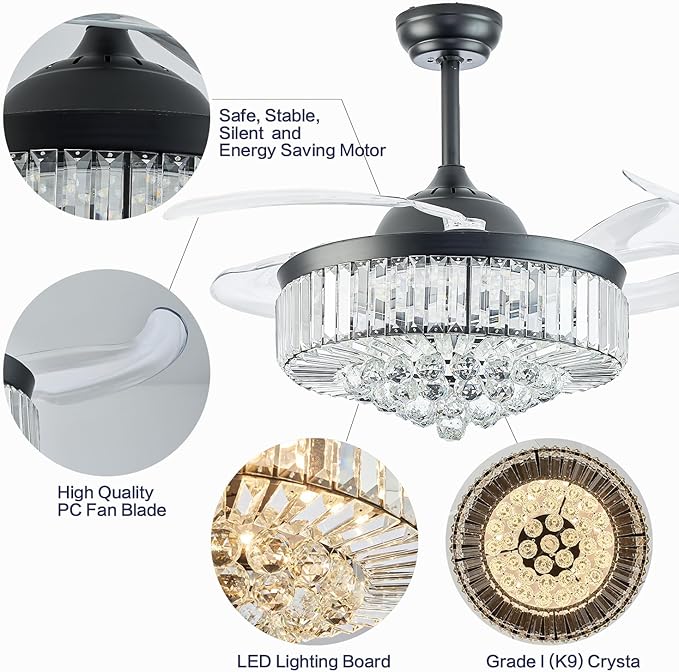 DuMaiWay 42" Dimmable Fandelier Crystal Ceiling Fans with Lights and Remote, Retractable Blades Chandelier Ceiling Fan for Living Room, Bedroom, Dining Room-Black