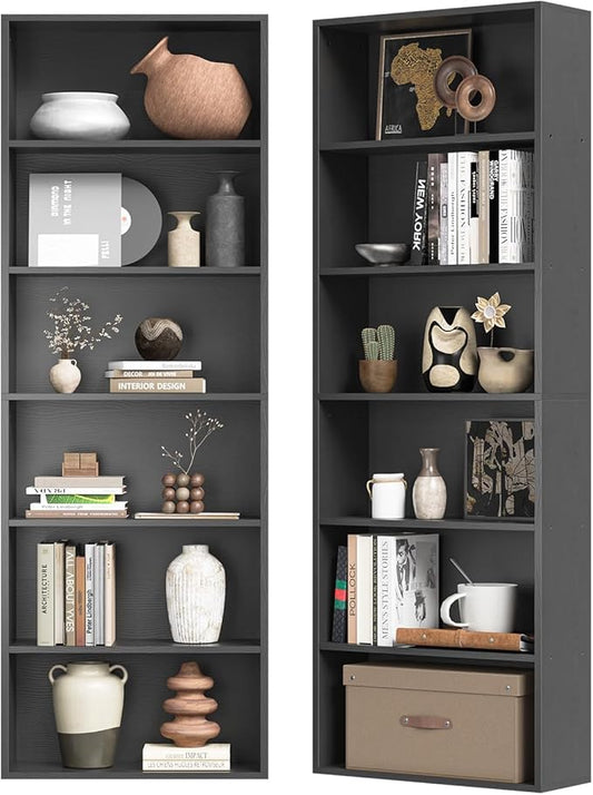 71.5" Tall Bookshelves and Bookcases Set of 2, 6 Tier Display Storage Shelves Home Decor Furniture for Home Office, Living Room, Bed Room (Black, 21.9" Wide)