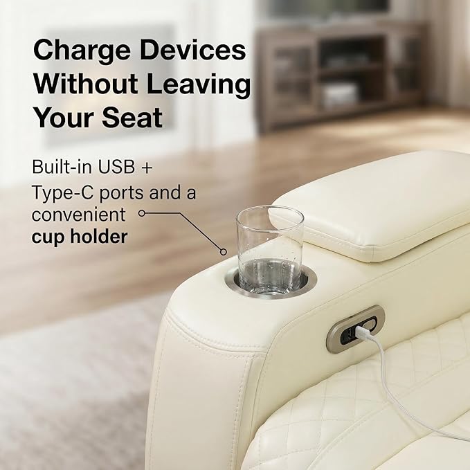 Power Recliner Sectional Sofa, Off-White Breathing Leather L-Shaped Corner Couch with LED Lights, USB/Type-C, Wireless Charging, Cup Holders & Storage Console for Living Room Theater