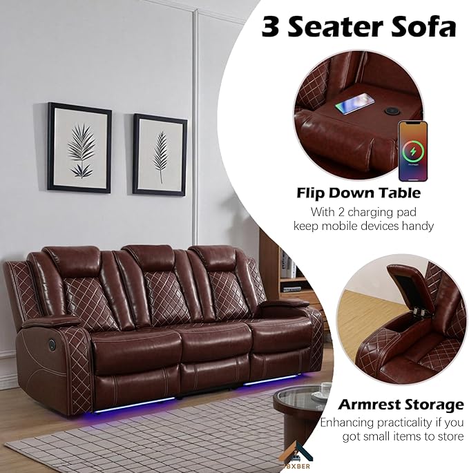 Power Recliner Sofa Set for Living Room, Leather Reclining Sofa Sets with Storage Console, Living Room Furniture Sets with LED Lights(Sofa and loveseat,Wine)