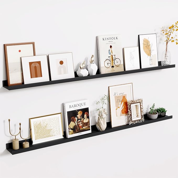 Fun Memories Picture Ledge Shelves Set of 2-55 Inch Shelves with Lip - Large Nursery Bookshelf for Storage - Floating Shelf Wall Mounted for Living Room - Bedroom -Kitchen - Black Color
