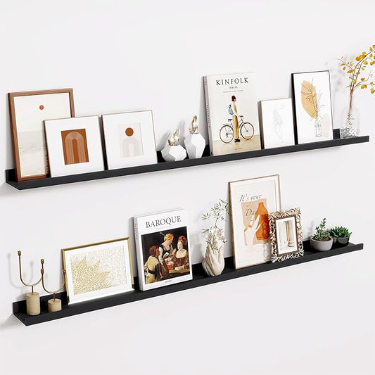 Fun Memories Picture Ledge Shelves Set of 2-55 Inch Shelves with Lip - Large Nursery Bookshelf for Storage - Floating Shelf Wall Mounted for Living Room - Bedroom -Kitchen - Black Color
