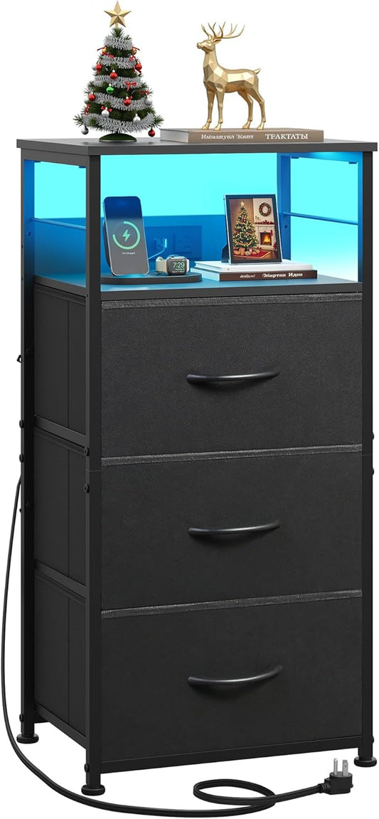 WLIVE Nightstand with Charging Station, 31.9" H Nightstand with 3 Fabric Drawers, LED Bedside Table with USB Ports and Outlets, End Table for Dorm, Bedroom, Entryway, Black