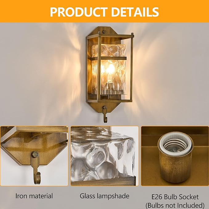 Vintage Gold Outdoor Wall Sconce,Waterproof Exterior Light Fixture with Glass Shades & E26 Sockets, Porch Wall Mount Lighting Brightens to Garage,Patio,Front Door