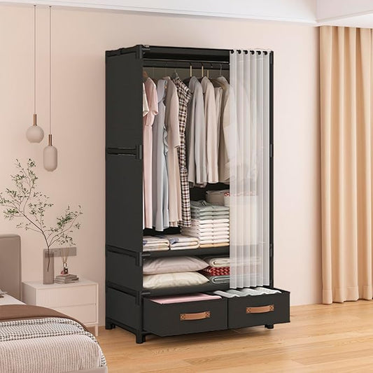 Portable Closet,Portable Closets for Hanging Clothes,Japanese Style Wardrobe Clothing Rack with 2 Drawers,1 Hanging Rods and 2 Storage Shelves,27.5" L x 17.7" W x 65.1" H,Black
