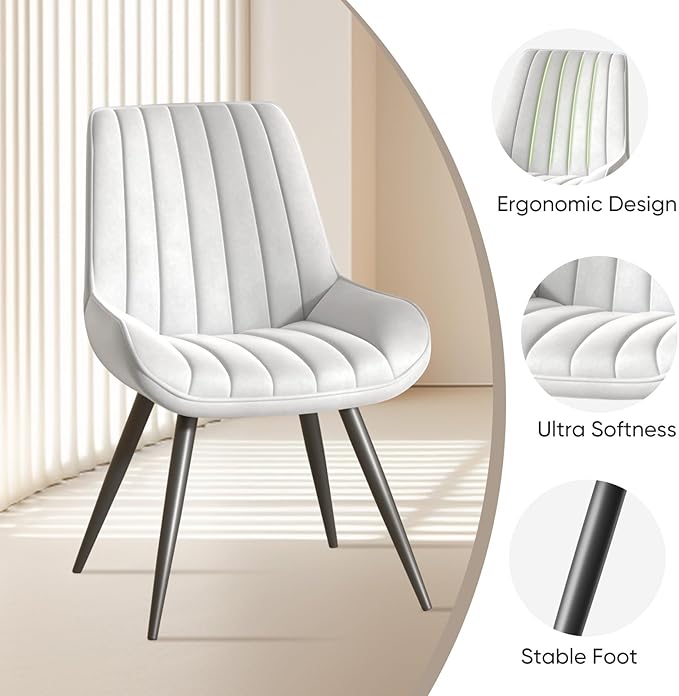 Nalupatio Modern Dining Chairs Set of 2, Comfy Dining Room Chairs with Thick Cushions, Upholstered Fabric Kitchen Side Chairs with Metal Legs, White