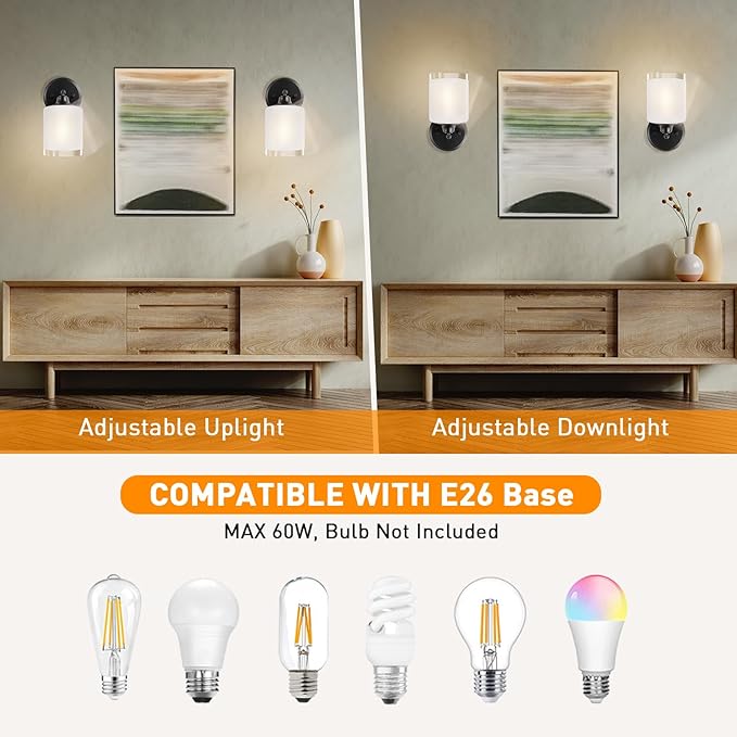 Wall Sconces Set of Two, Rotatable Bathroom Sconces with Thickened Frosted Glass Shades, Modern Vanity Light Wall Mount Lighting Lanterns for Bedroom Living Room Hallway Mirror(Black,E26 Base)