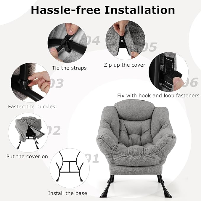 Giantex Lazy Chair, Modern Sherpa Accent Chair w/Steel Frame, Upholstered Single Sofa Chair w/Armrests & Side Pocket, Leisure Reading Lounge Chair for Living Room, Bedroom, Office, Dorm (Gray)