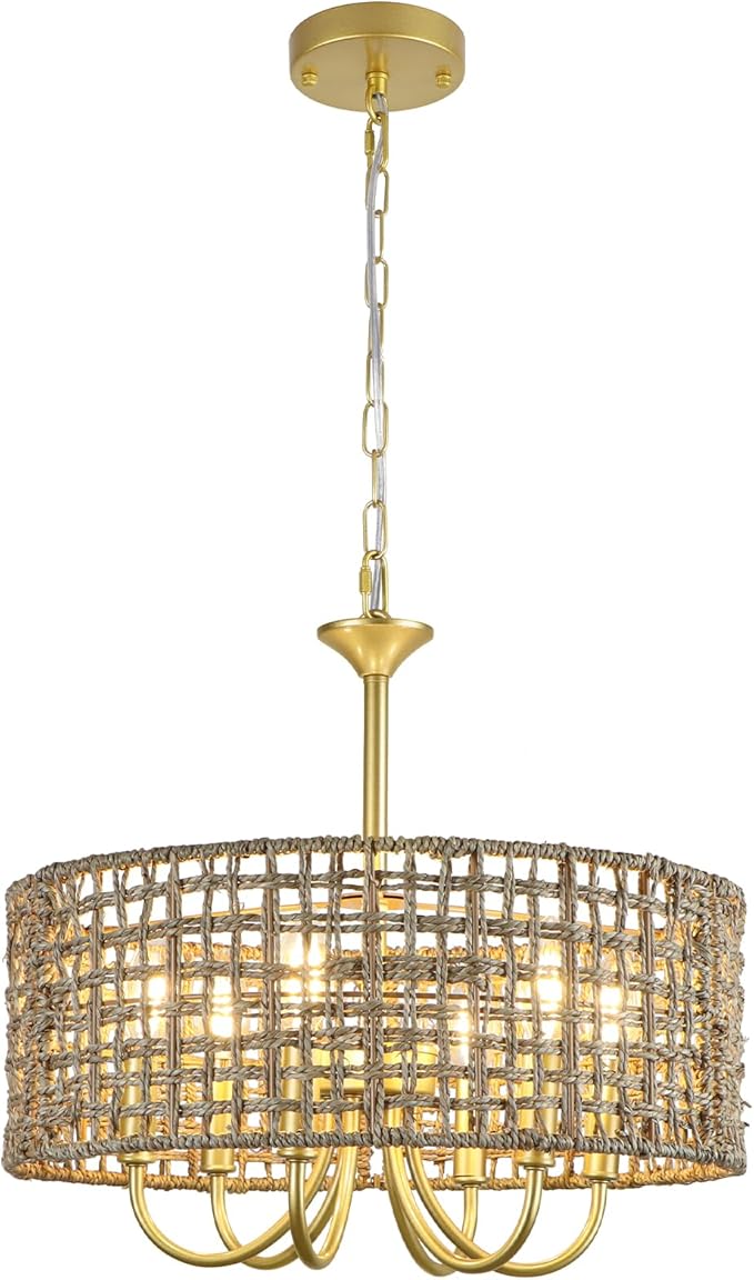 6-Light Large Woven Rattan Chandelier, 17.7'' Boho Pendant Light Gold Drum Hanging Light Fixture, Coastal Handwoven Wicker Chandeliers for Dining Room Living Room Kitchen Hallway