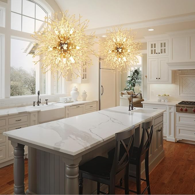 Depuley Modern Firework Gold Crystal Chandeliers, 9-Light Sputnik Dandelion Chandelier Light Fixture Pendant Lighting for Dining Room, Living Room, Bedroom, Kitchen, Restaurant(G9 Bulbs not Included)