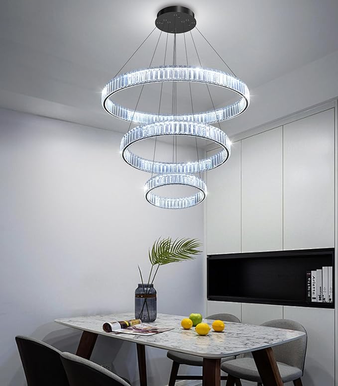 24''+16''+8'' Modern Ring Chandelier Crystal Chandeliers for Dining Room Round LED Dimmable Ceiling Light Fixture for Living Room Bedroom Lighting Black