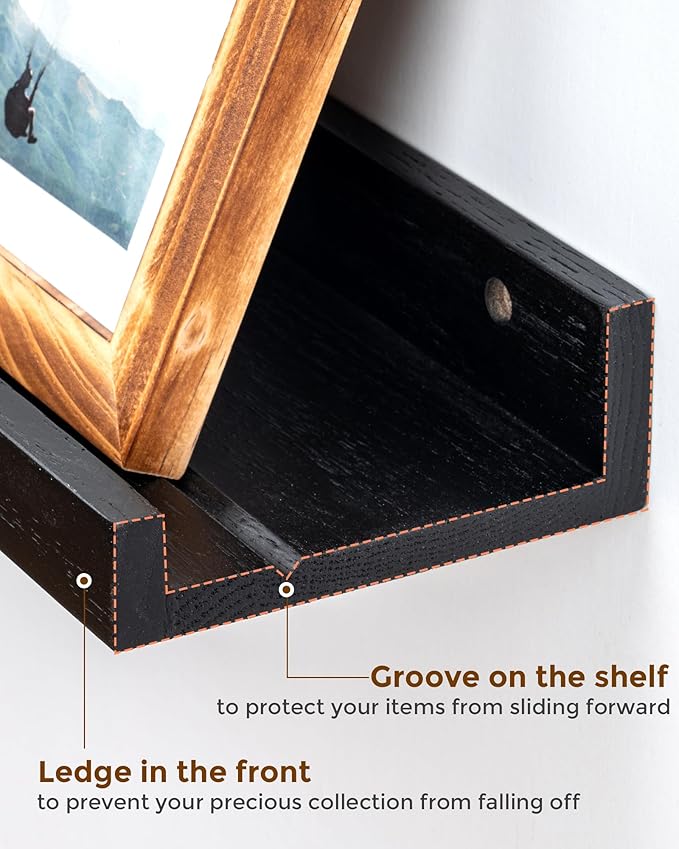 Axeman Oak Picture Ledge Shelf, 24 Inch Floating Shelves Set of 2, Solid Oak Wood Wall Shelves with Lip, Wall Decor Storage for Bedroom Living Room Bathroom Kitchen Nursery Photo Picture, Black