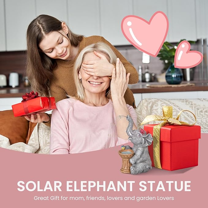 Elephant Statue Garden Decor- Outdoor Decoration with Solar Powered LED Lights, Valentine's Day for Women, Garden Gifts for Mom, Decorations for Courtyard, Patio, Lawn, Yard