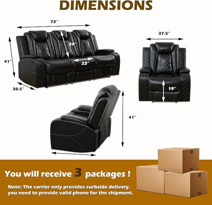 Power Recliner Sofa Set with LED, Breathing Leather Living Room Set 3 Piece, Reclining Couch and Two Chair with USB Port&Storage Console (Black)