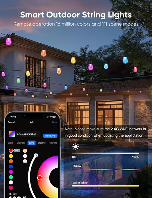 APPECK Outdoor String Lights, 50ft Smart RGBW Outdoor Patio Lights with 15 LED Bulbs, Extendable, 111 Scene Modes, IP65 Waterproof Lighting for Outside, Dimmable Warm White, Compatible with Alexa