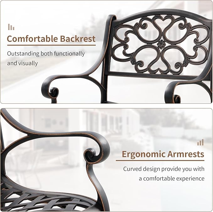 Cast Aluminum Patio Chairs, Outdoor Dining Chairs Set of 2, Patio Bistro Chairs 2 Piece with Armrests, Adjustable Feet for Balcony, Backyard, Garden