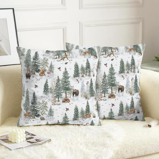 Winter Pillow Covers 24x24 Set of 2 Vintage Rustic Forest Pine Tree Snow Animals Print Xmas Holiday Throw Pillow Case Farmhouse Christmas Decoration Cushion Cases for Home Couch Sofa