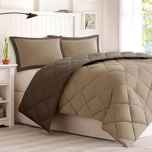Madison Park Essentials Comfort Classics Larksppur Reversible Down Alternative 3M Scotchgard Comforter Mini Set, Twin/ Twin X-Long, Brown/ Sand