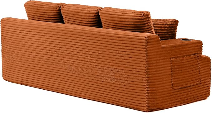Eafurn Floor Loveseat Boneless Sofa Couch in a Box with Cup Holder and Side Pockets, 3 Seater Comfy Corduroy Upholstered Foam Couch with Deep Seating for Living Room,No Assembly | Breathable material, Cupholders