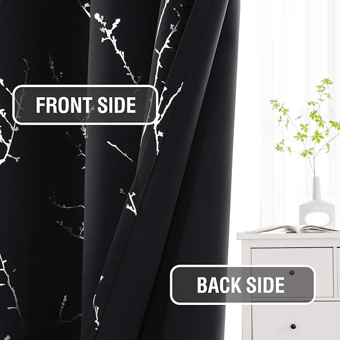 H.VERSAILTEX Blackout Curtains for Bedroom Foil Print Twig Tree Branch Thermal Insulated Grommet Curtain Drapes Light Blocking Thick Soft Window Curtains for Living 52 x 63 Inch, 2 Panels, Black