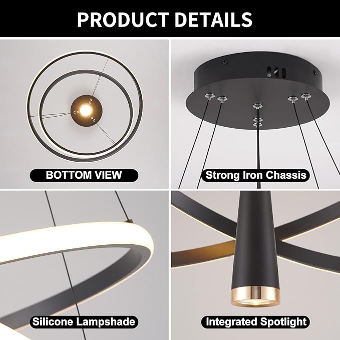Modern LED Chandelier, Dimmable 20in Black Kitchen Pendant Light Fixture Dining Room Lights Ceiling Hanging, 2 Ring Round Chandeliers for Bedroom Living Room Staircase Over Table (3360lm)