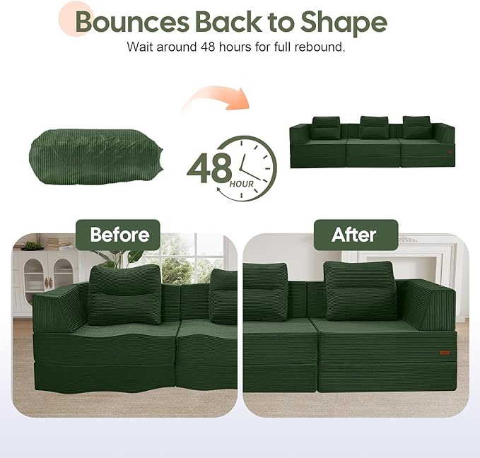 COMAX Futon Sofa Bed 3 Seater, 106" Convertible Sofa Bed Couches for Living Room, 4 in 1 Folding Boneless Sleeper Corduroy Couch Foam in a Box, Comfy Foldable Lounge Fold Out Floor Mattress, Green