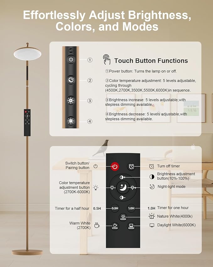 LED Floor Lamp, 32W Super Bright Standing Lamp with Remote Control, Modern Dimmable 69" Torchiere Tall Lamp, 350°Rotating Head Reading Floor Lamp for Living Room, Bedroom, Office, Brown
