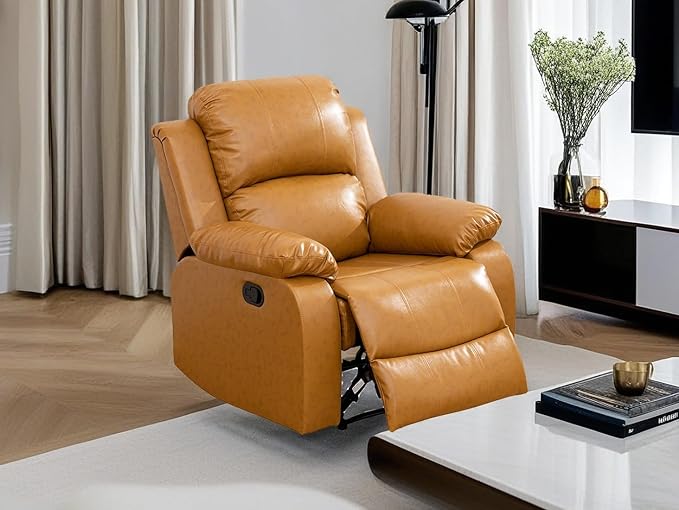 Modern Recliner Chair Bonded Leather Upholstered Reclining Chair Living Room Furniture Manual Accent Recliner Single Chair with Overstuffed Arm & Back for Home/Office/Rv Car (Ginger, Chair)
