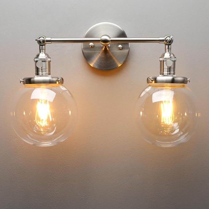 PERMO Double Sconce Vintage Industrial Antique 2-Lights Wall Sconces with Dual Mini 5.9" Round Clear Glass Globe Shade (Brushed Nickel)