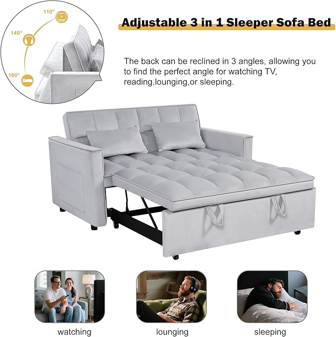 3 in 1 Convertible Sofa Bed, Love Seat Sleeper Bed with Side Pockets, Velvet Fabric Pull Out Couch with Adjustable Backrest for Living Room, Bedroom, Apartment, Gray