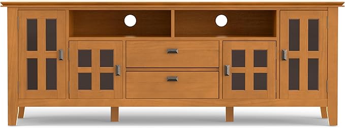 SIMPLIHOME Artisan TV Stand - 72 inch Wide Solid Wood Media Console in Honey Brown, Contemporary Entertainment Center for Living Room for TVs up to 80 Inches with Glass Cabinets and Cable Management