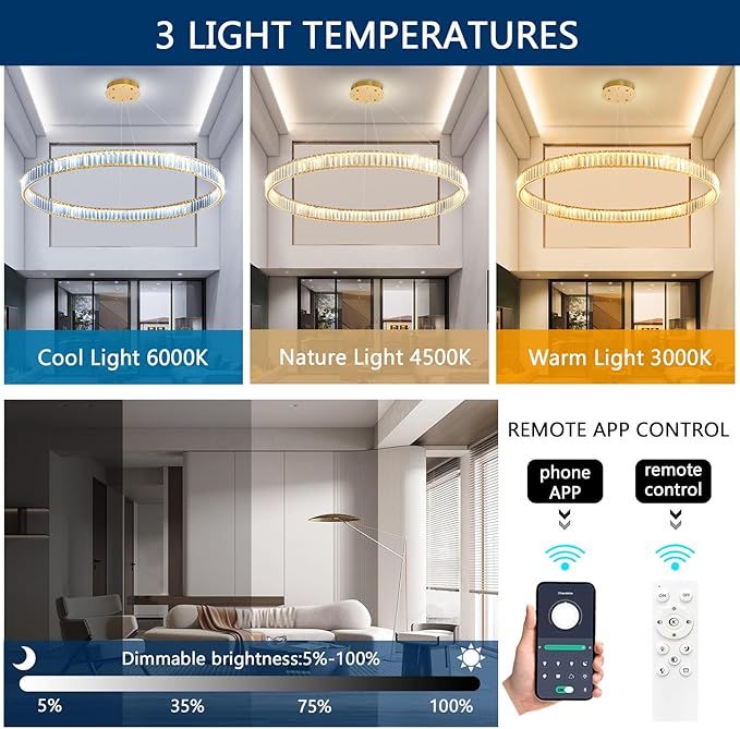 40'' Modern Ring Chandelier Crystal Chandeliers for Dining Room Round LED Dimmable Ceiling Light Fixture for Living Room Bedroom Lighting Gold
