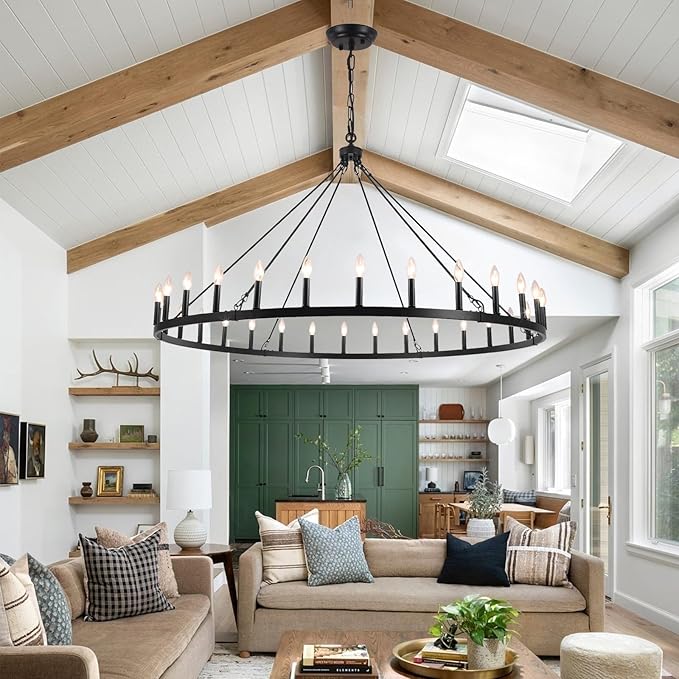 Black Extra Large Wagon Wheel Chandelier, 60 inch 30 Lights Farmhouse Chandelier, Industrial Candle Round Pendant Light Fixture for High Ceiling Living Room Dining Room Entryway