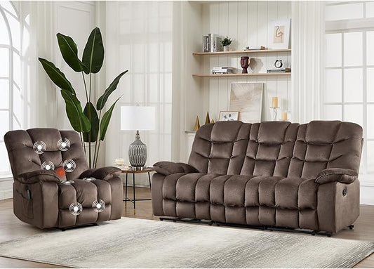 HAOMARKETS 2-Piece Recliner Sofa Couch Set, Include Single Power Electric Recliner Chair with Massage& Heat and 3-Seater Manual Reclining Sofa for Living Room Bedroom, Brown