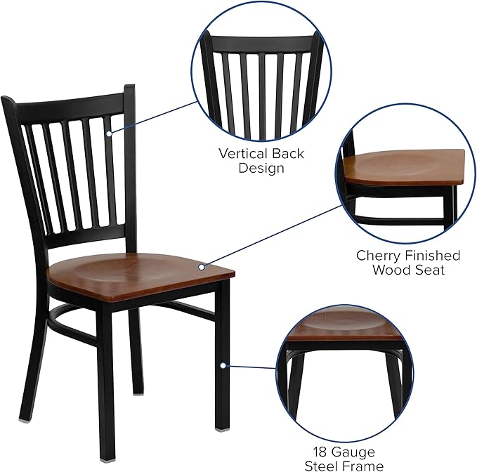Flash Furniture HERCULES Series Black Vertical Back Metal Restaurant Chair - Cherry Wood Seat