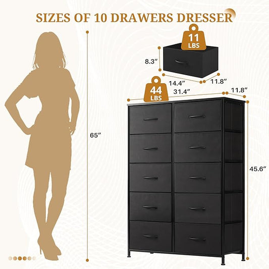 10-Drawer Fabric Dresser, Chest of Drawers Clothes Cabinet for Closet & Bedroom, Storage Organizer with Steel Frame for Entryway, Dorm, Living Room, Black
