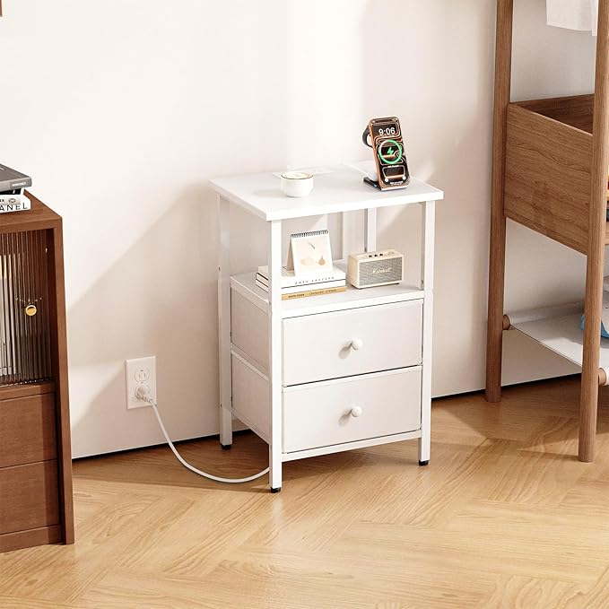 Nightstand with Charging Station, Bedside End Table with 2 Fabric Drawers for Bedroom, Side Table with USB Ports and Outlets (White)