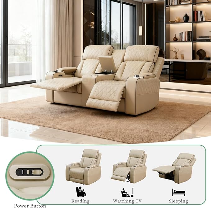 Power Reclining Sectional Sofa Set, Breathing Leather Sectional Power Recliner Loveseat with Cup Holders, Beige Reclining Loveseat with 2 Recliner Seats, Cup Holder, LED Light for Living Room
